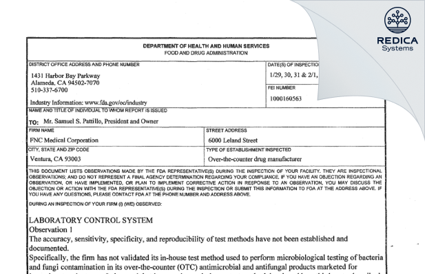 FDA 483 - FNC MEDICAL CORPORATION [California / United States of America] - Download PDF - Redica Systems