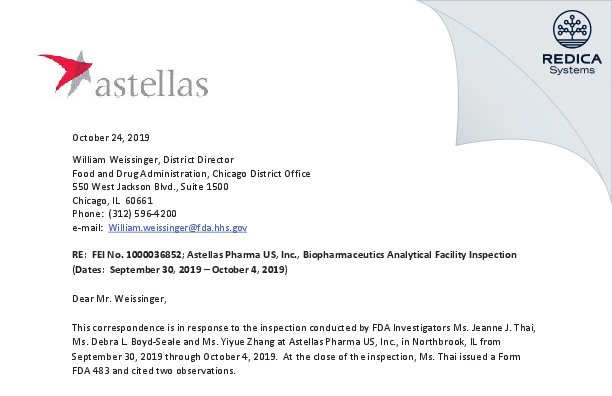 FDA 483 Response - Astellas Pharma US Inc. [Northbrook / United States of America] - Download PDF - Redica Systems