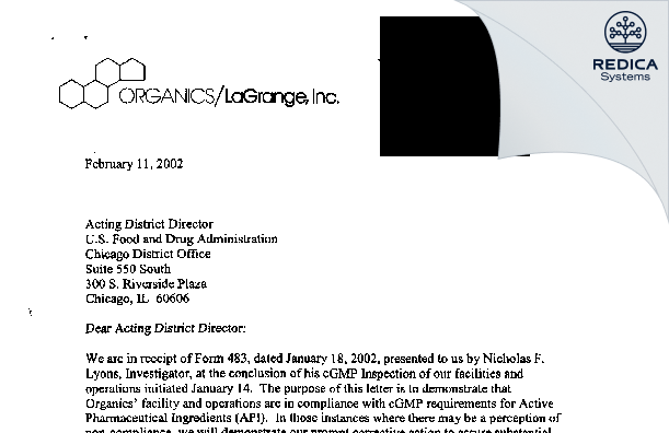 FDA 483 Response - Organics LLC [Northbrook / United States of America] - Download PDF - Redica Systems