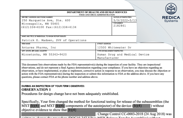 FDA 483 - Antares Pharma, Inc. [Minnetonka Minnesota / United States of America] - Download PDF - Redica Systems