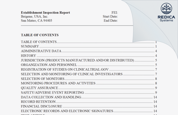 EIR - Beigene USA, Inc. [San Mateo / United States of America] - Download PDF - Redica Systems