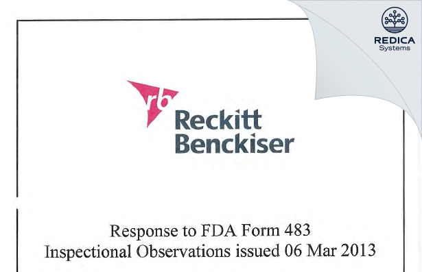 FDA 483 Response - Reckitt Benckiser, Inc. [Fort Worth / United States of America] - Download PDF - Redica Systems