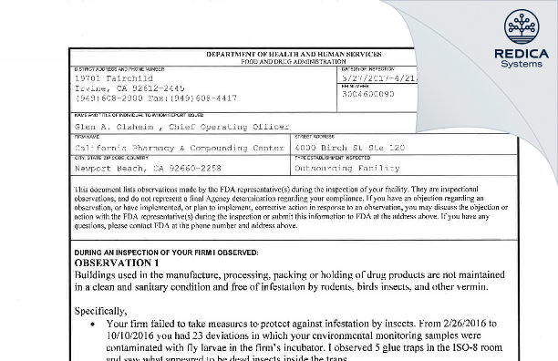 FDA 483 - California Pharmacy & Compounding Center [Newport Beach / United States of America] - Download PDF - Redica Systems