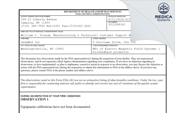 FDA 483 - OndaMed Inc [Washingtonville / United States of America] - Download PDF - Redica Systems