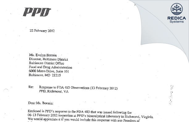 FDA 483 Response - PPD Development, L.P. [Virginia / United States of America] - Download PDF - Redica Systems