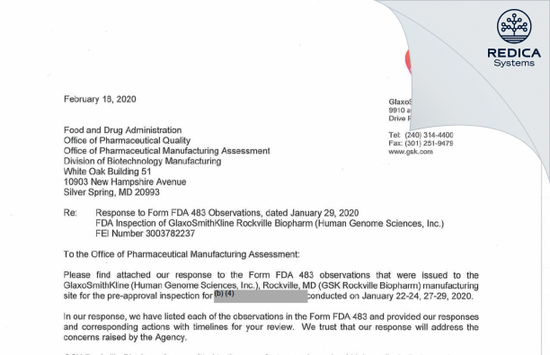 FDA 483 Response - Human Genome Sciences, Inc. [Rockville / United States of America] - Download PDF - Redica Systems