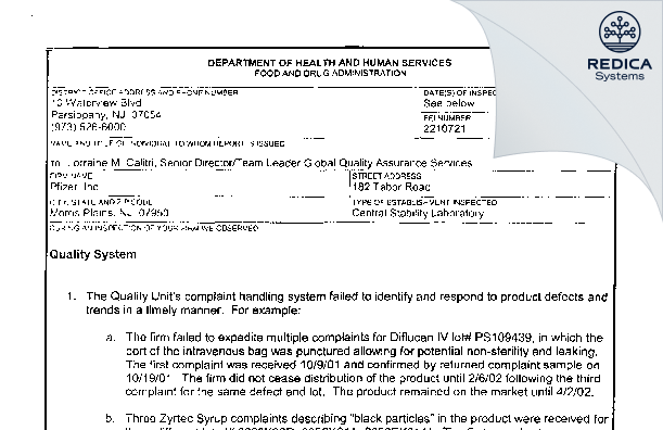 FDA 483 - Pfizer Inc. [Parsippany / United States of America] - Download PDF - Redica Systems