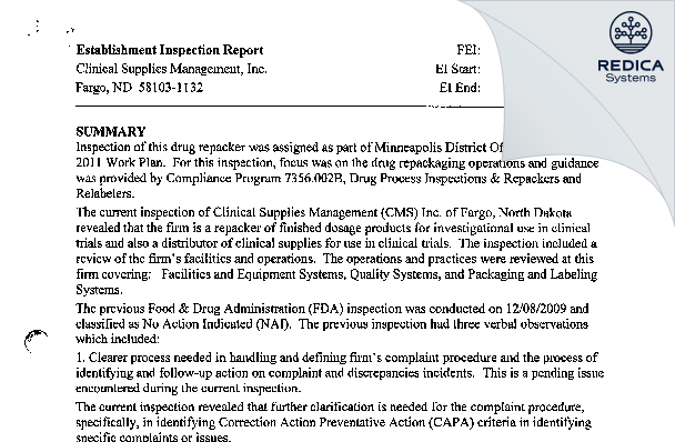 EIR - Clinical Supplies Management, Inc. [Fargo / United States of America] - Download PDF - Redica Systems