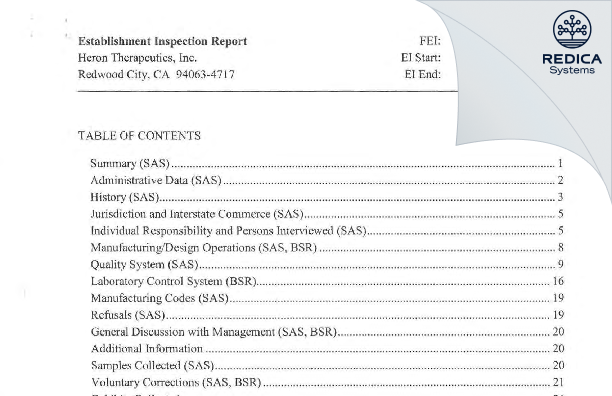 EIR - Heron Therapeutics, Inc. [Redwood City / United States of America] - Download PDF - Redica Systems