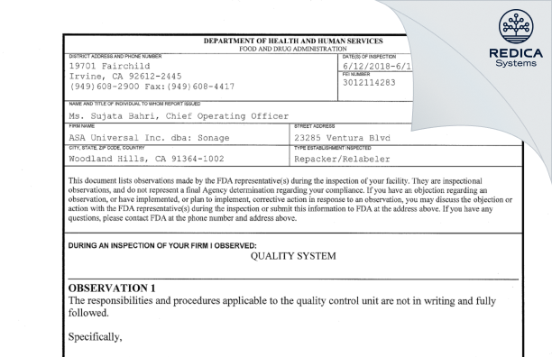 FDA 483 - ASA Universal Inc. dba: Sonage [Santa Monica / United States of America] - Download PDF - Redica Systems