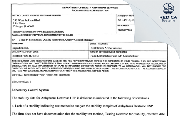 FDA 483 - Ingredion Incorporated [Bedford Park / United States of America] - Download PDF - Redica Systems