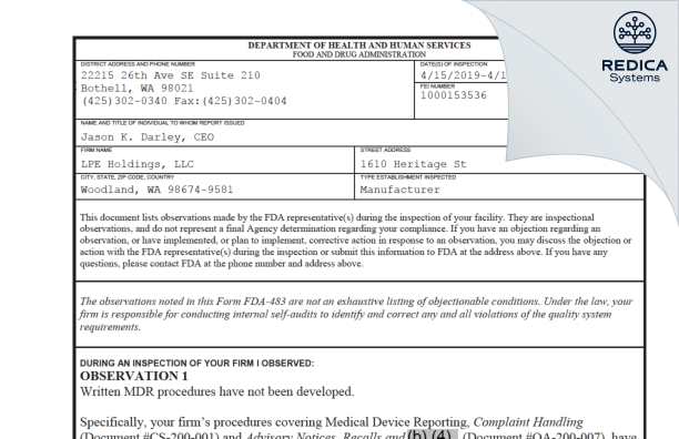 FDA 483 - LPE Holdings, LLC [Woodland / United States of America] - Download PDF - Redica Systems
