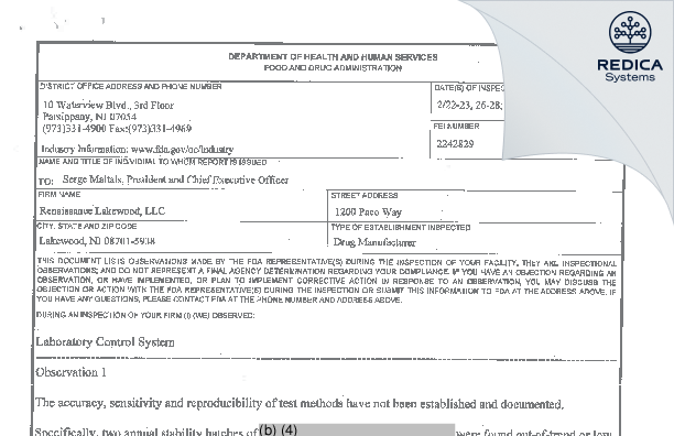 FDA 483 - Renaissance Lakewood LLC [Lakewood / United States of America] - Download PDF - Redica Systems