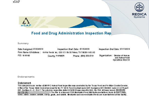 EIR - HI-PRO FEEDS LLC [Friona / United States of America] - Download PDF - Redica Systems