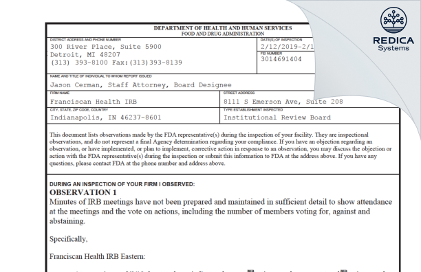 FDA 483 - Franciscan Health IRB [Indianapolis / United States of America] - Download PDF - Redica Systems