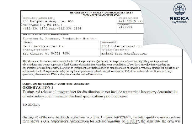 FDA 483 - Radix Laboratories Incorporated [Eau Claire / United States of America] - Download PDF - Redica Systems