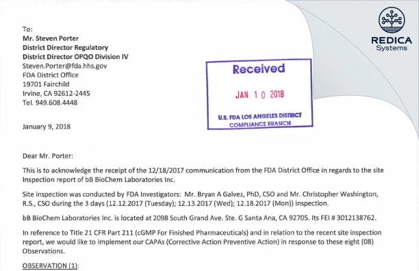 FDA 483 Response - bB BIOCHEM LABORATORIES INC. [Santa Ana / United States of America] - Download PDF - Redica Systems
