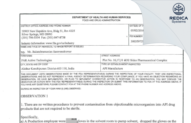 FDA 483 - Par Active Technologies Private Limited [India / India] - Download PDF - Redica Systems