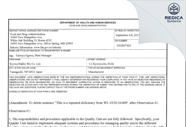 FDA 483 - Kyowa Hakko Bio Co., Ltd. [Kyowa-Cho Hofu / Japan] - Download PDF - Redica Systems
