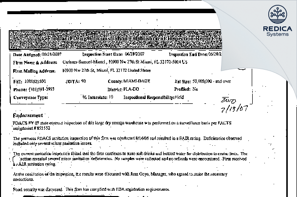 EIR - Carisam-Samuel-Meisel (FL) Inc. [Doral / United States of America] - Download PDF - Redica Systems