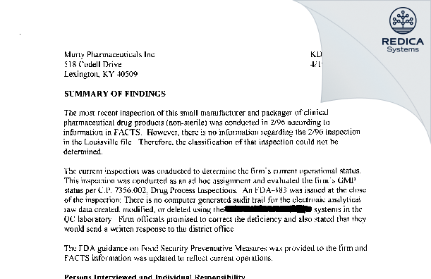 EIR - Murty Pharmaceuticals, Inc. [Lexington / United States of America] - Download PDF - Redica Systems