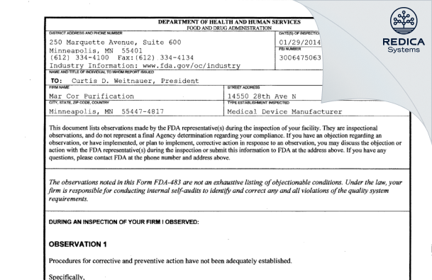 FDA 483 - Mar Cor Purification [Minneapolis / United States of America] - Download PDF - Redica Systems
