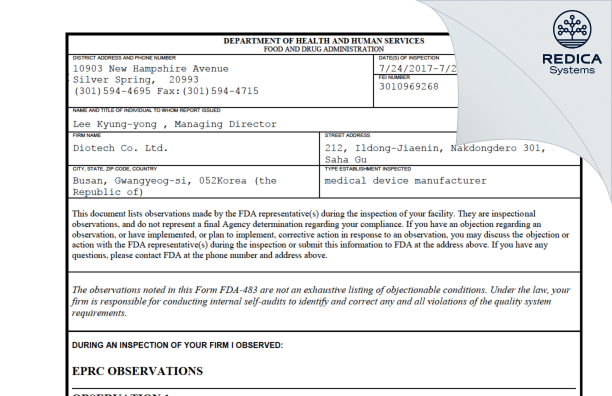 FDA 483 - Diotech Co. Ltd. [Saha / -] - Download PDF - Redica Systems