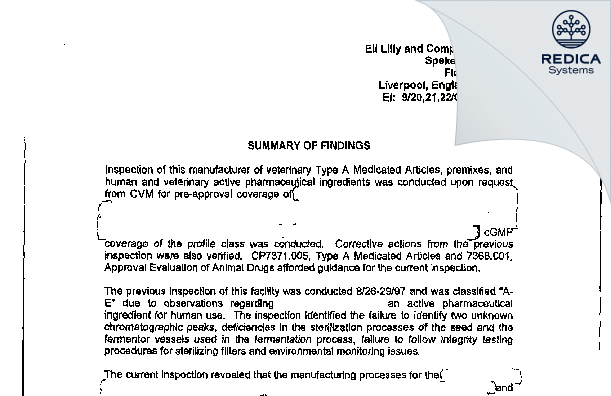 EIR - Eli Lilly and Company Limited [Liverpool / United Kingdom of Great Britain and Northern Ireland] - Download PDF - Redica Systems