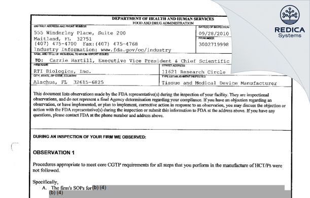 FDA 483 - RTI Surgical, Inc. dba RTI Biologics, Inc. [Alachua / United States of America] - Download PDF - Redica Systems
