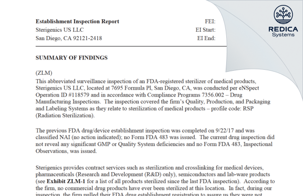 EIR - Sterigenics Radiation Technologies, LLC [San Diego / United States of America] - Download PDF - Redica Systems