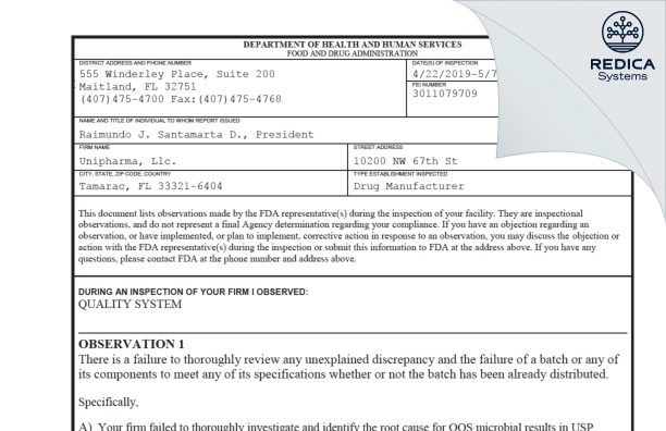 FDA 483 - Unipharma, LLC [Florida / United States of America] - Download PDF - Redica Systems