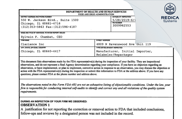 FDA 483 - Clariance Inc [Chicago / United States of America] - Download PDF - Redica Systems