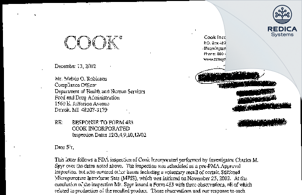 FDA 483 Response - Cook Incorporated [Bloomington / United States of America] - Download PDF - Redica Systems