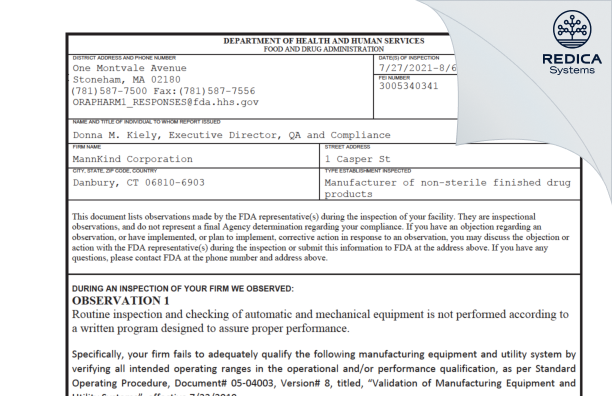 FDA 483 - Mannkind Corporation [Danbury Connecticut / United States of America] - Download PDF - Redica Systems
