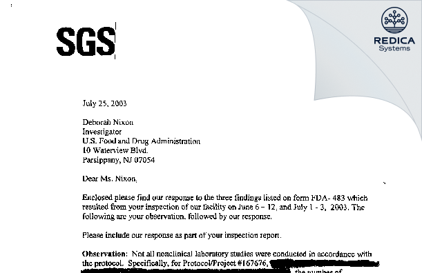 FDA 483 Response - SGS North America Inc. [Fairfield / United States of America] - Download PDF - Redica Systems