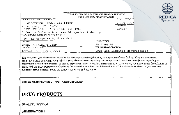 FDA 483 - Omega Packaging Corporation [Jersey / United States of America] - Download PDF - Redica Systems
