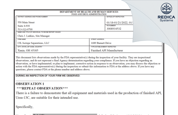 FDA 483 - CIL Isotope Separations, LLC [Ohio / United States of America] - Download PDF - Redica Systems