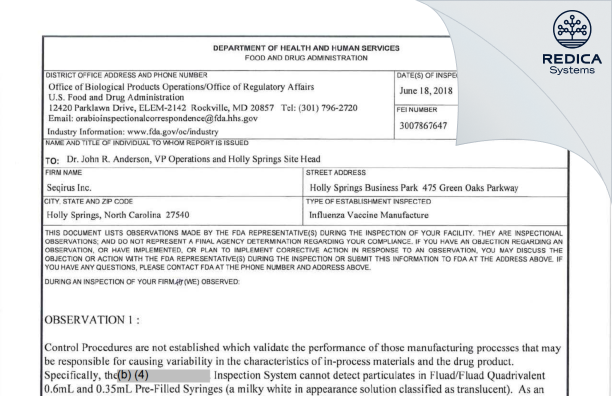 FDA 483 - Seqirus Inc [Holly Springs / United States of America] - Download PDF - Redica Systems