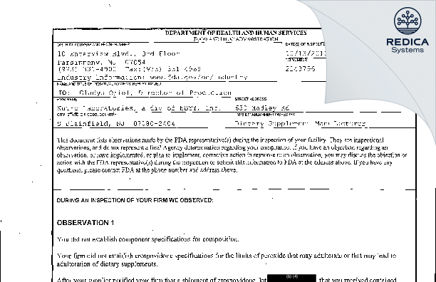 FDA 483 - Nutro Laboratories, a div of NBTY, Inc. [S Plainfield / United States of America] - Download PDF - Redica Systems