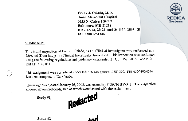 EIR - Frank J. Criado, MD [Baltimore / United States of America] - Download PDF - Redica Systems