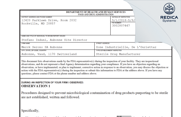 FDA 483 - MERCK SERONO SA [Aubonne / Switzerland] - Download PDF - Redica Systems