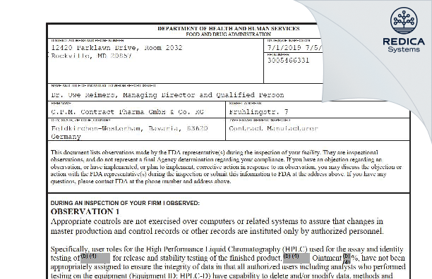 FDA 483 - C.P.M. ContractPharma GmbH [Feldkirchen-Westerham / Germany] - Download PDF - Redica Systems