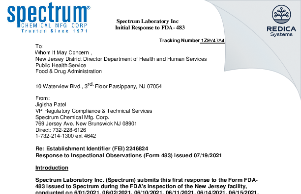 FDA 483 Response - SPECTRUM LABORATORY PRODUCTS INC. dba SPECTRUM CHEMICAL MFG. CORP. [Jersey / United States of America] - Download PDF - Redica Systems