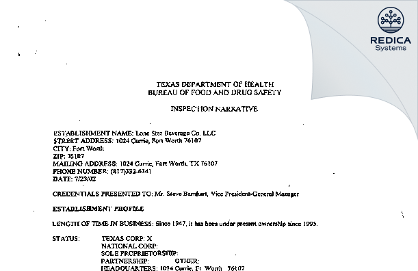 EIR - Lone Star Beverage Co, Llc [Fort Worth / United States of America] - Download PDF - Redica Systems