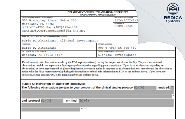 FDA 483 - Dario D. Altamirano, DO [Hialeah / United States of America] - Download PDF - Redica Systems