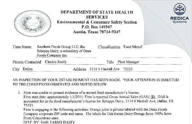 FDA 483 - DFA Dairy Brands Fluid, LLC [Dallas / United States of America] - Download PDF - Redica Systems