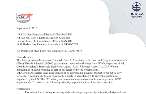 FDA 483 Response - W. L. Gore & Associates, Inc. [Sunnyvale / United States of America] - Download PDF - Redica Systems