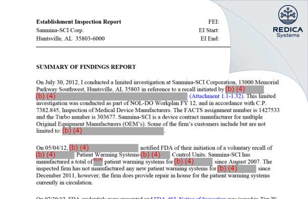 EIR - Sanmina Corporation [Huntsville / United States of America] - Download PDF - Redica Systems