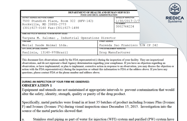 FDA 483 - Boehringer Ingelheim Animal Health do Brasil Ltda [Brazil / Brazil] - Download PDF - Redica Systems