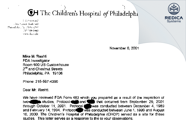 FDA 483 Response - Liacouras M.D., Chris A. [Philadelphia / United States of America] - Download PDF - Redica Systems
